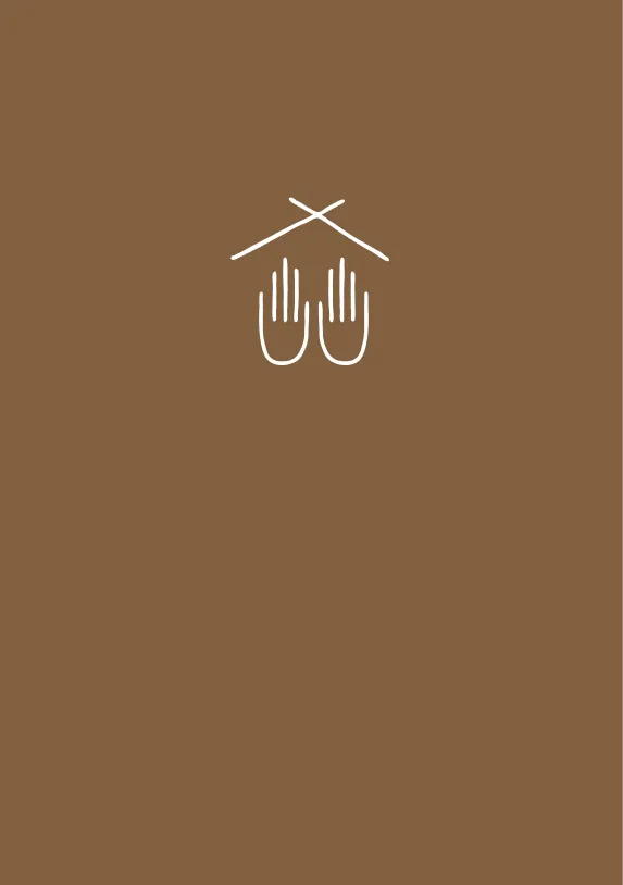 Logo de Pluma. Símbolo blanco de dos manos alzadas bajo un tejado a dos aguas sobre fondo marrón.