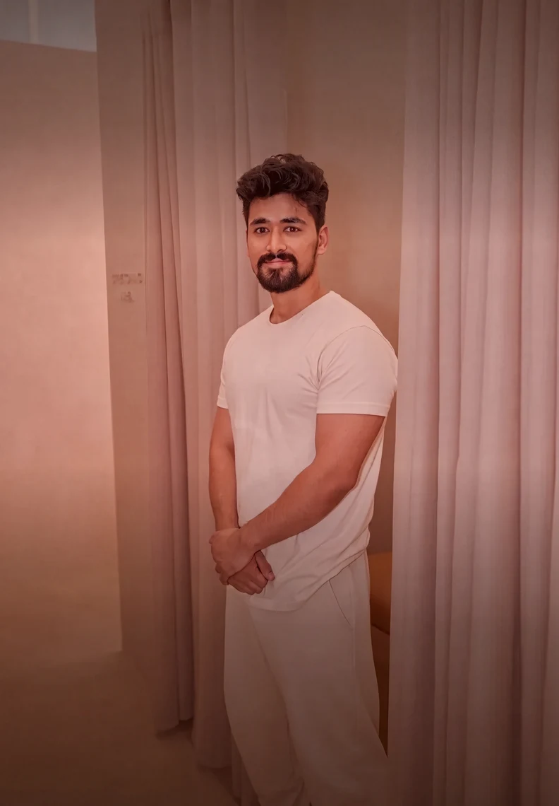 Un hombre con barba y pelo rizado, de pie ante cortinas claras, con camiseta y pantalón blancos.