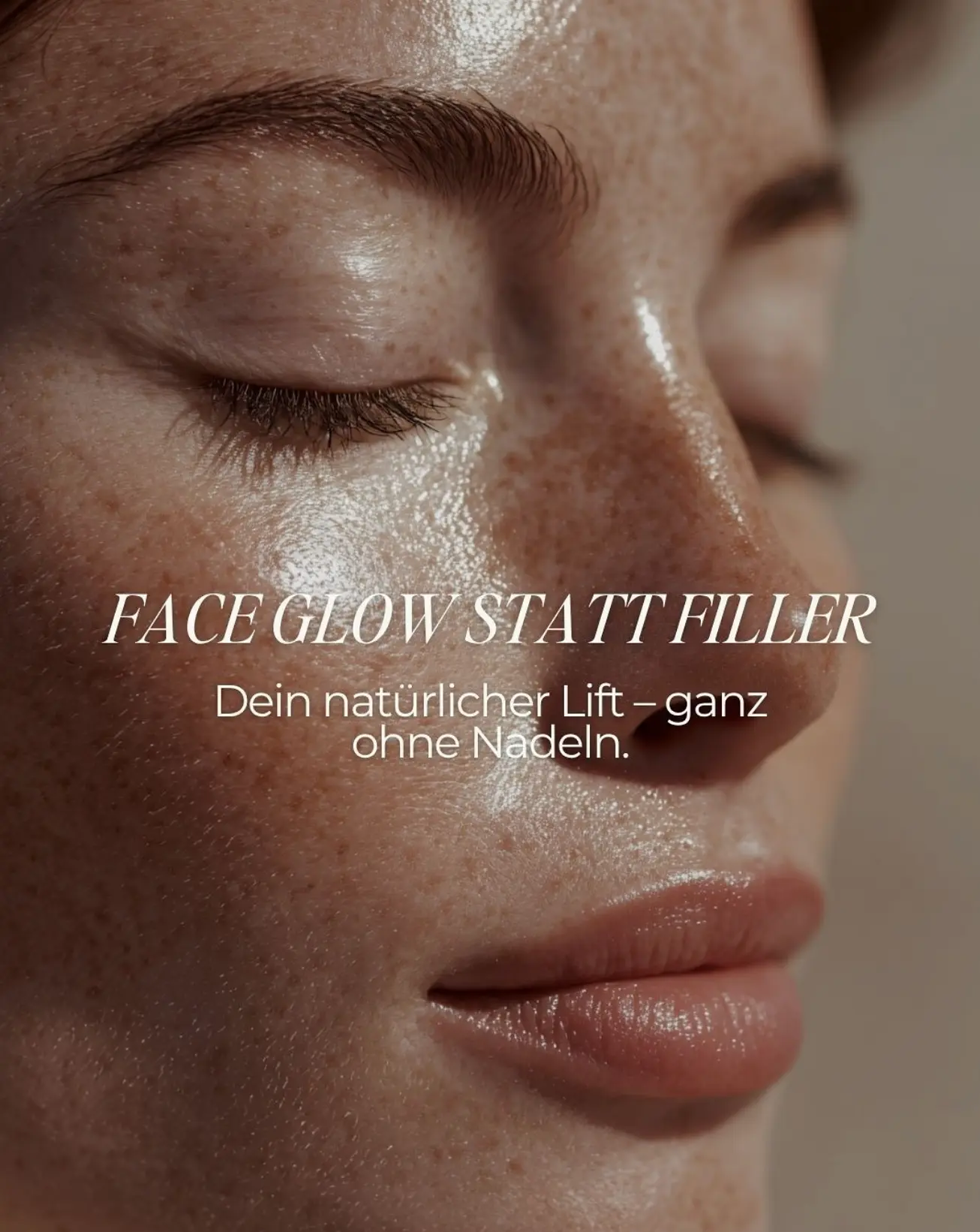 Primer plano de un rostro fresco y cuidado tras un tratamiento Lymphatic Face Glow. Face Glow en lugar de fillers: tu lifting natural, sin agujas.