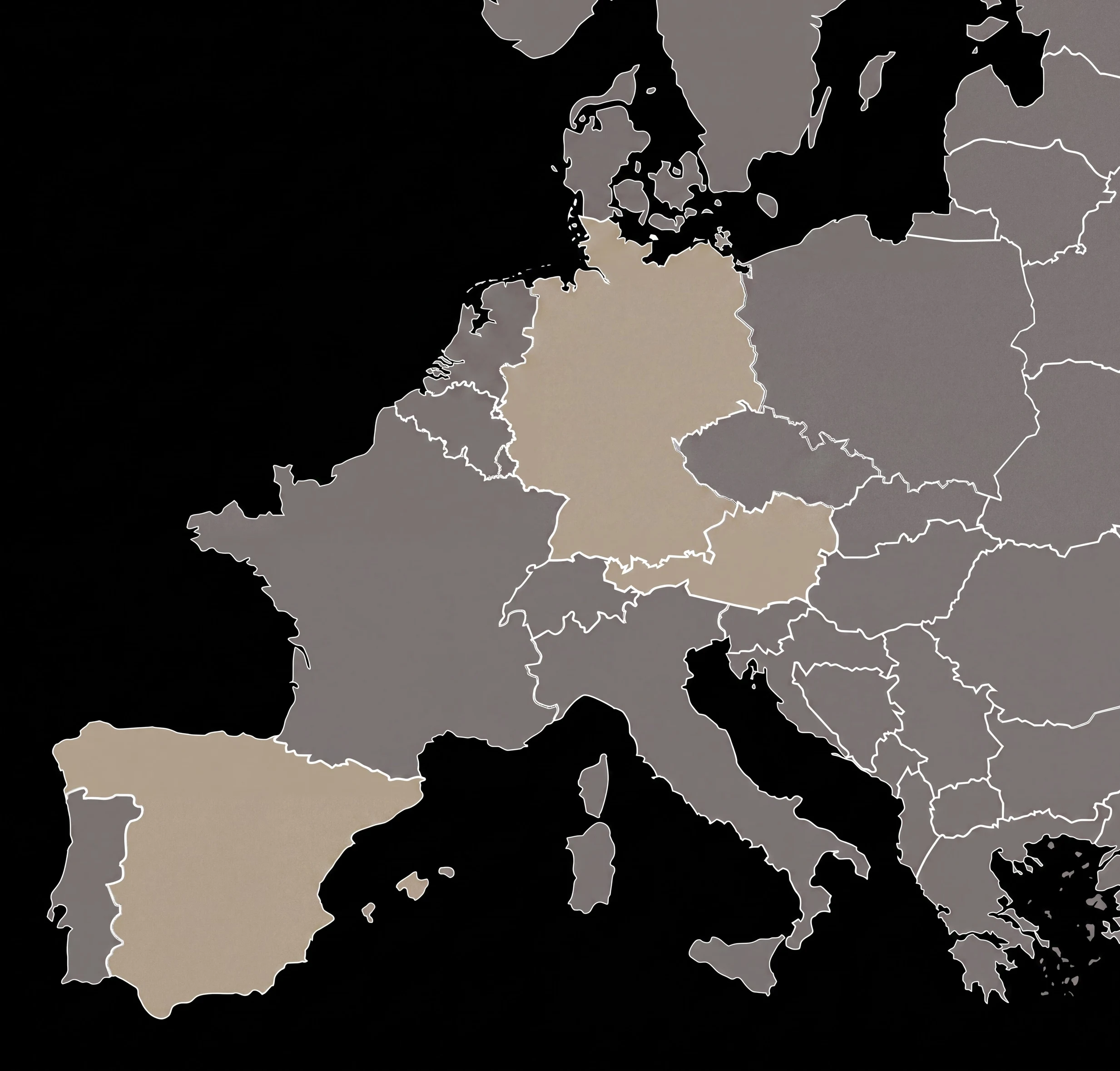 Mapa de Europa occidental con las ubicaciones de Pluma marcadas: Hamburg, Berlin, Düsseldorf, Köln y Frankfurt con 5 ubicaciones cada una, y próximas aperturas en Copenhague, París, Madrid, Viena y Roma.