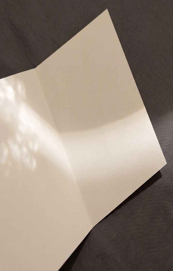 Una tarjeta regalo de Pluma de US$ 75 en una tarjeta beige abierta, sobre una superficie de madera con juegos de luz y sombra.